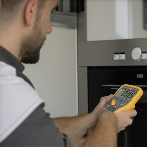 Technician testing oven temperature sensor with multimeter in kitchen.