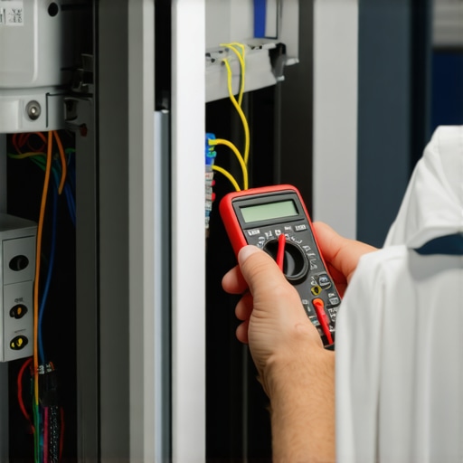 Technician testing refrigerator compressor with multimeter showing electrical diagnostics.