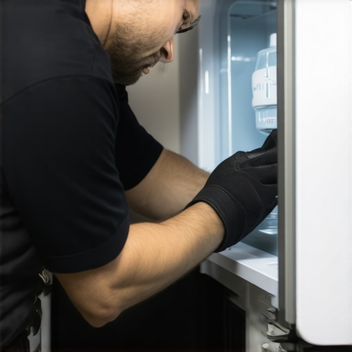 Diagnosing Refrigerator Drainage Issues Technician examining refrigerator drain pan and tube for leaks and blockages.
