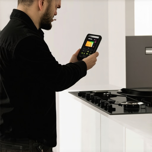 Diagnostic Tools in Action for Appliance Maintenance Technician testing refrigerator compressor with multimeter and thermal camera in kitchen environment.