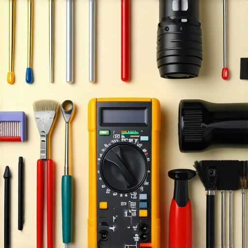 A set of high-quality tools including a multimeter, flashlight, and pry bars used for appliance repair.