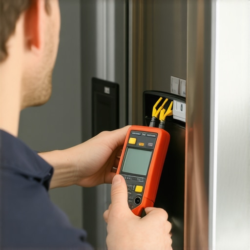 Technician testing refrigerator wiring with multimeter and thermal imaging device.