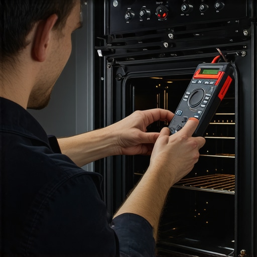 Technician using diagnostic tools on a contemporary oven to identify complex issues.
