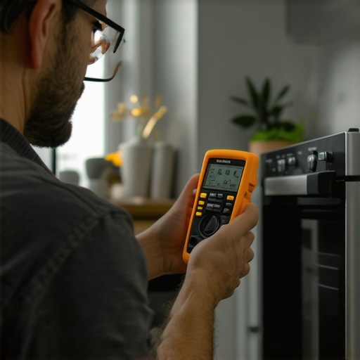 Homeowner Using Diagnostic Tools on Appliances Person testing refrigerator and oven with multimeter and thermal camera for maintenance
