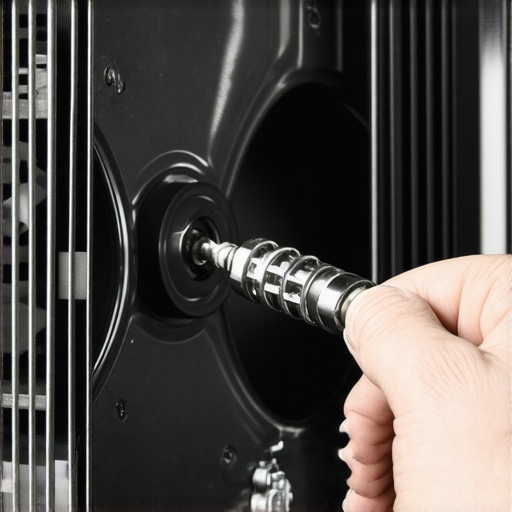 Person inspecting oven's fan blades with a screwdriver