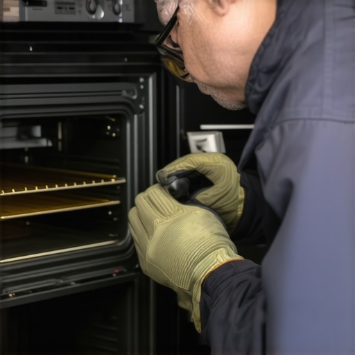 Technician examining the seal and glass of an oven door for cracks or gaps