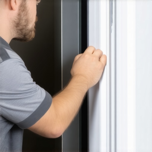 Technician cleaning and examining a refrigerator door gasket for damage and alignment.