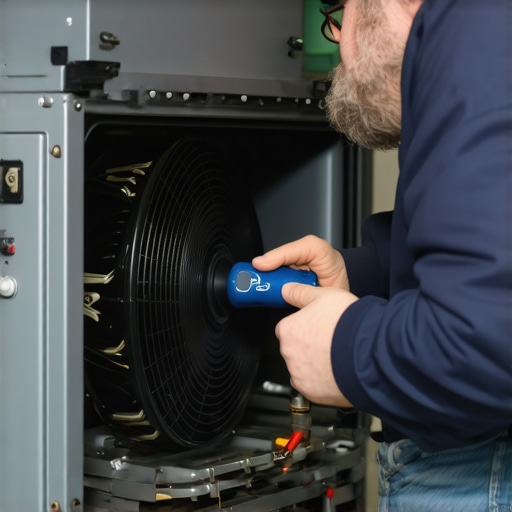Inspecting the convection fan motor Technician examining the convection fan motor inside an oven.