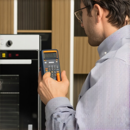 Technician using multimeter and thermal camera to diagnose kitchen appliances.