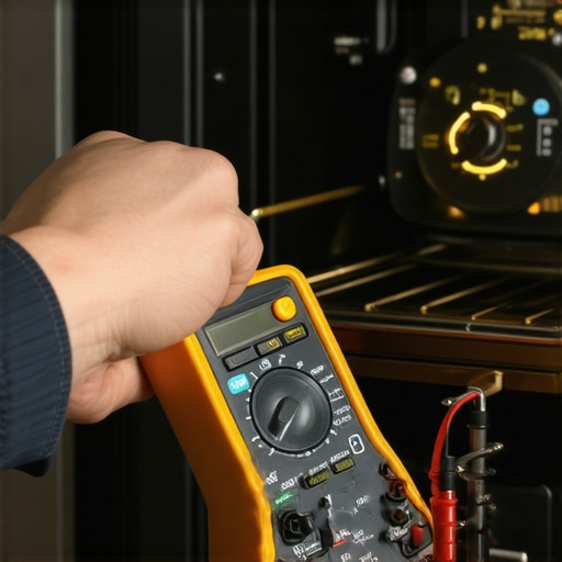 A person testing oven wiring with a digital multimeter, illustrating electrical diagnostics for appliance maintenance