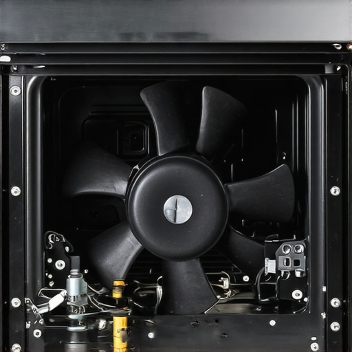 A technician inspecting the convection fan blades inside an oven for rattling issues.
