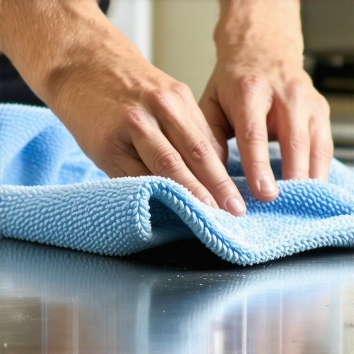 Person polishing a stainless steel kitchen appliance with a microfiber cloth, showing the shiny finish