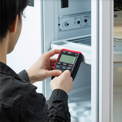 Technician testing appliances with a multimeter to ensure proper functioning, highlighting maintenance tools.