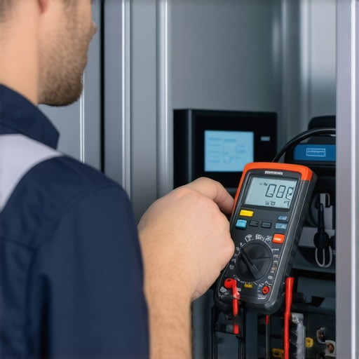 Technician using a multimeter on a refrigerator's compressor to diagnose noise issues.