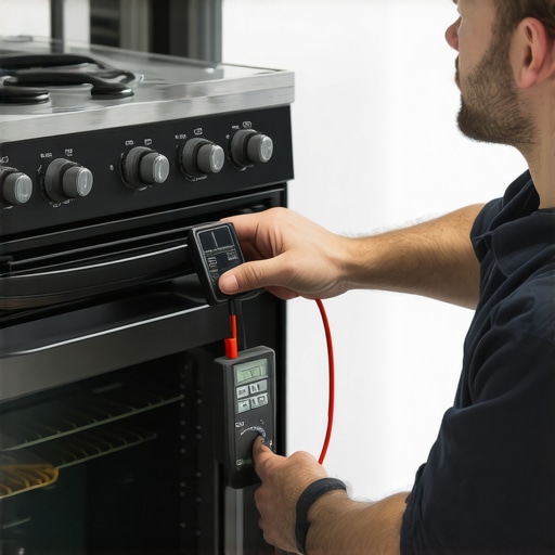 Technician unplugging oven and inspecting power outlet