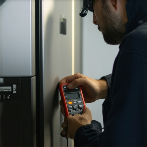 Technician Testing Refrigerator Compressor A technician using a multimeter to diagnose a refrigerator compressor in a contemporary kitchen setting.