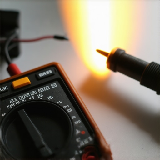 Close-up of a multimeter measuring resistance on an oven igniter in a modern kitchen.