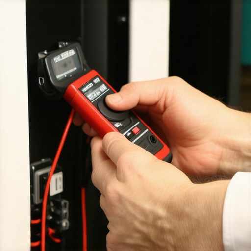 Person testing oven's infinite switch with multimeter in workshop environment
