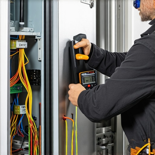 Technician using a multimeter to diagnose refrigerator compressor wiring in a kitchen environment
