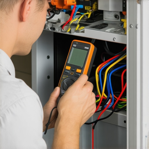 Technician testing the refrigerator's compressor with a multimeter to diagnose cooling issues.