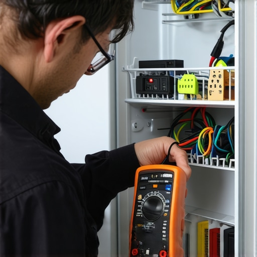 Technician using multimeter to check refrigerator components