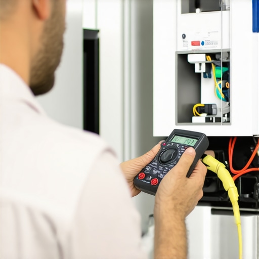 Technician testing refrigerator evaporator fan motor with multimeter in kitchen
