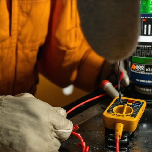 Technician measuring electric connections on stove burner using a multimeter.