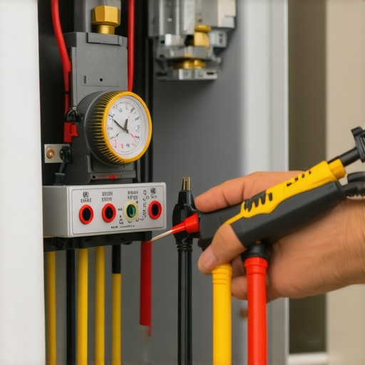 Technician measuring water inlet valve resistance with multimeter