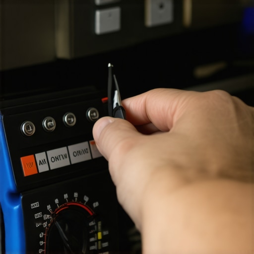 Technician using multimeter to test gas oven igniter in kitchen.