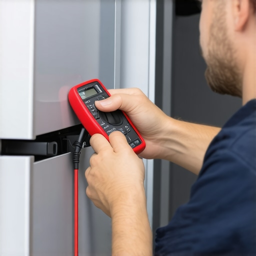 Technician testing appliances with multimeter and clamp meter.
