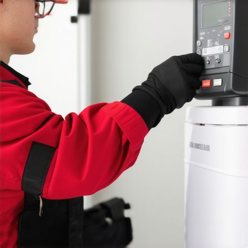 Technician testing refrigerator with multimeter and infrared thermometer in a home kitchen