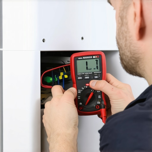 Technician testing appliance wiring with a multimeter in a professional repair shop