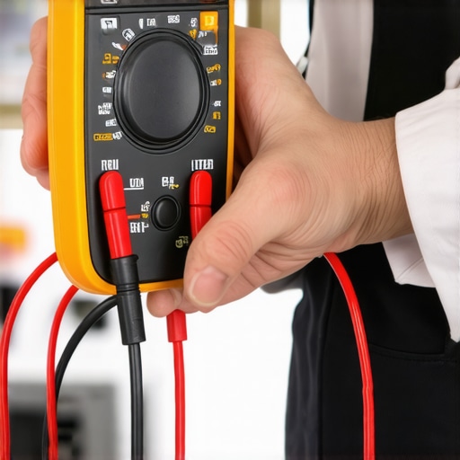 Technician measuring electrical voltage with a multimeter in an appliance repair setting.