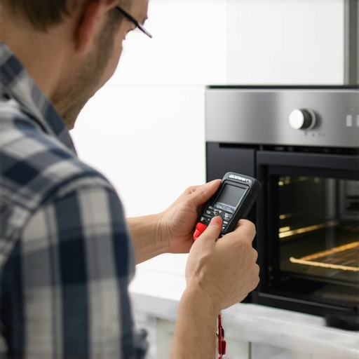 Person measuring oven element with multimeter during appliance maintenance