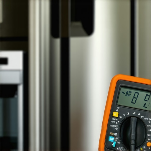 Homeowner diagnosing fridge sensor with multimeter.