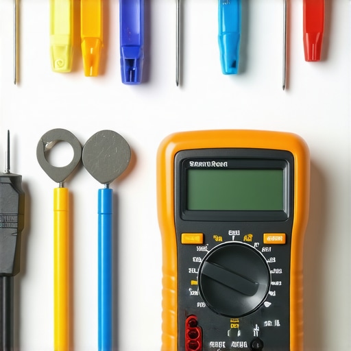 A technician's hand holding a multimeter testing oven wiring for faults, with repair tools on a workbench.
