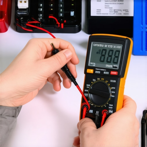 Person testing a refrigerator relay with a multimeter in a workshop.