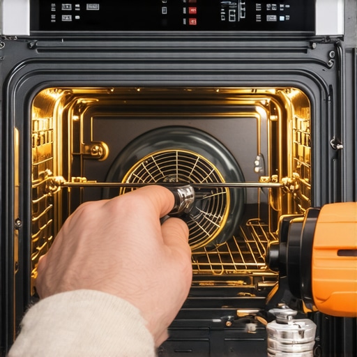 A hand using a screwdriver to remove the back panel of an oven to inspect a noisy convection fan.