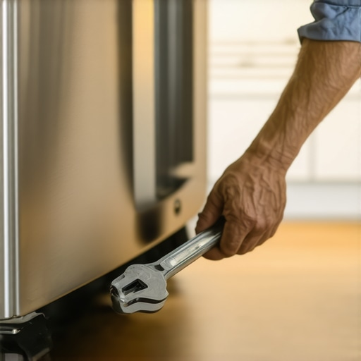 Adjusting Refrigerator Leveling Legs A hand using a wrench to adjust the leveling leg of a refrigerator for better door alignment.