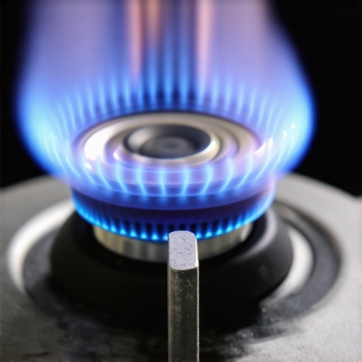 Close up of a gas stove burner showing the air shutter adjustment area and a blue flame.