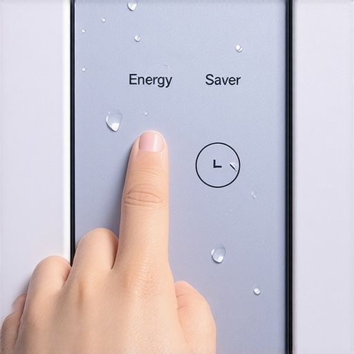 Finger pressing the energy saver button on a refrigerator panel to stop condensation