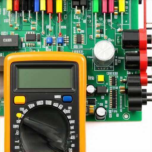 Close-up of a multimeter probe testing an appliance control board.