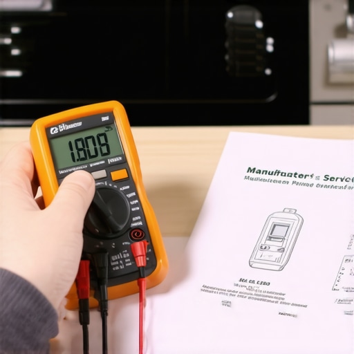 Close up of a multimeter and service manual used for verifying oven repair diagnostics.