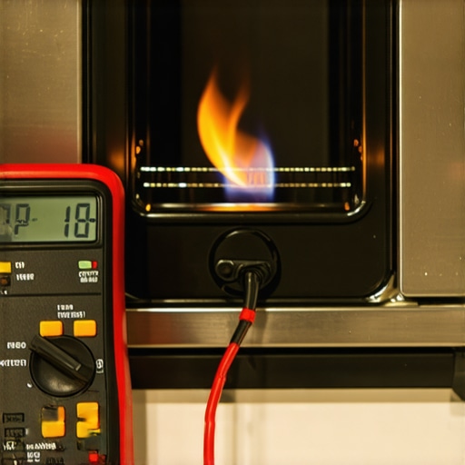 Professional technician using a multimeter to diagnose an intermittent oven failure.