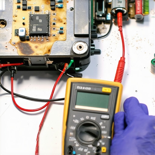 Close-up of a scorched appliance control board being tested with a multimeter.