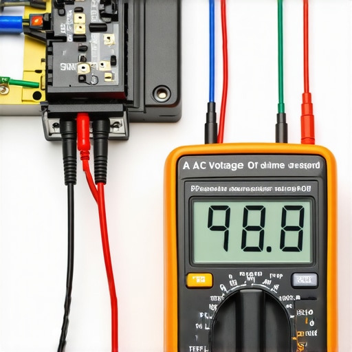 Close up of a multimeter testing an oven spark module for voltage.