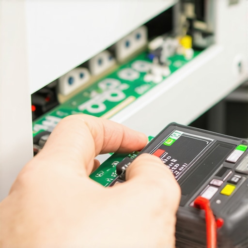 Technician using a multimeter to diagnose a flickering oven display board.