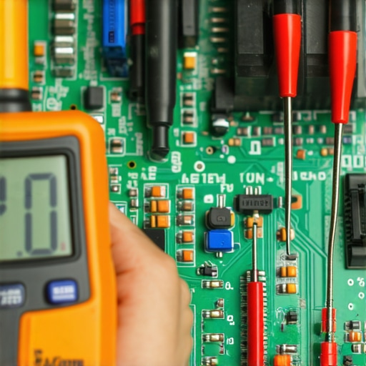 Technician using a multimeter to test a scorched oven control board for electrical failure.