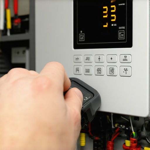 Technician using a multimeter to test a digital oven control board for electrical faults.