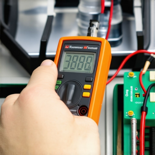 A technician using a multimeter to diagnose a faulty gas range spark module.
